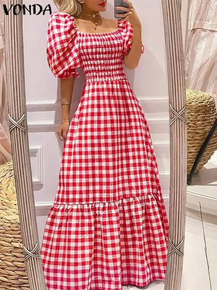 VONDA Summer Sundress Bohemian Long Maxi Dress 2023 Women Short Puff Sleeve Plaid Casual Sexy Square Collar Party Beach Robe