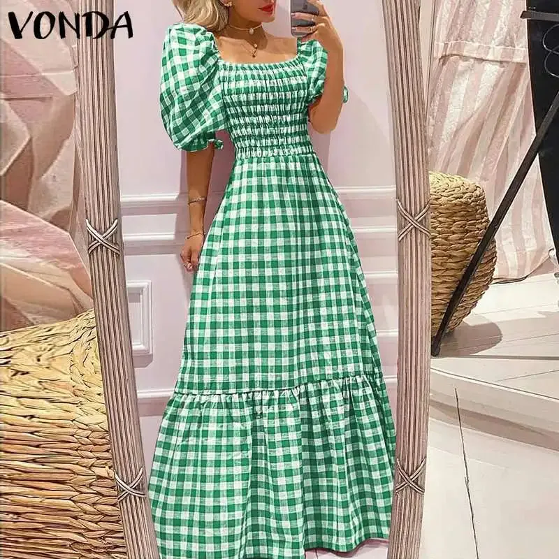 VONDA Summer Sundress Bohemian Long Maxi Dress 2023 Women Short Puff Sleeve Plaid Casual Sexy Square Collar Party Beach Robe