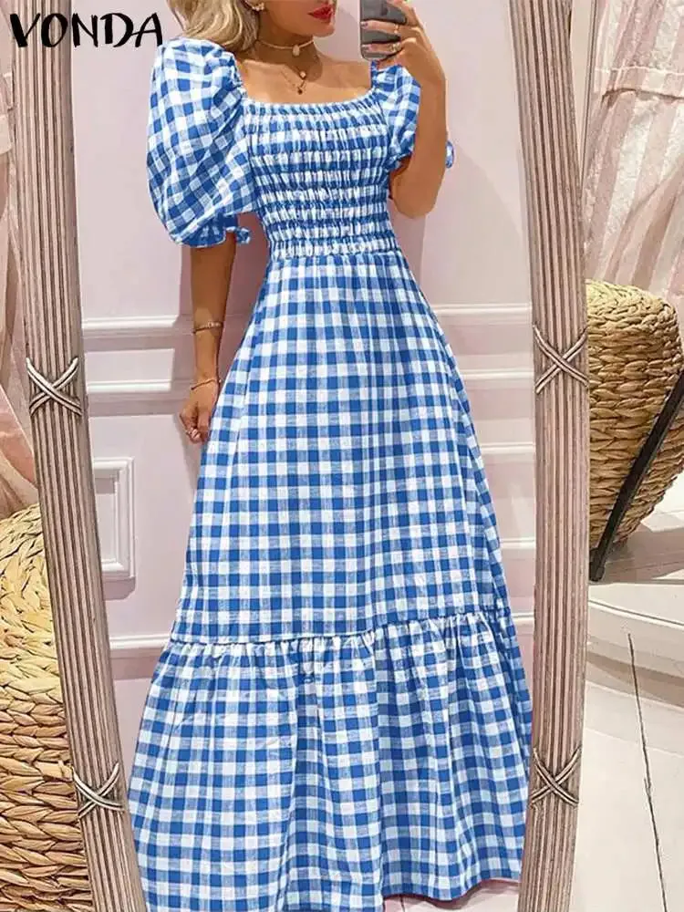 VONDA Summer Sundress Bohemian Long Maxi Dress 2023 Women Short Puff Sleeve Plaid Casual Sexy Square Collar Party Beach Robe