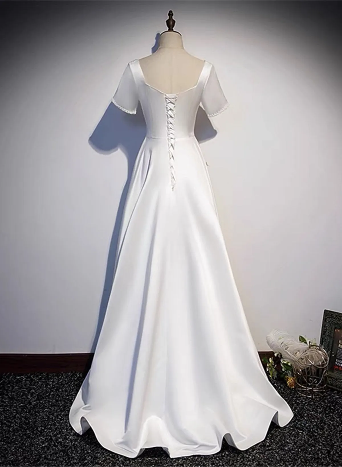 White Satin High Low Sweetheart Short Sleeves Wedding Dress, White Party Dress