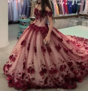 Wine Red Quince Gown with train Charming Prom Dress Ball Gown Evening Dress   fg2749