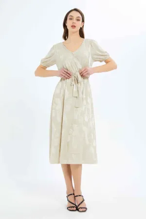 Women Beige Jacquard Wrap Dress