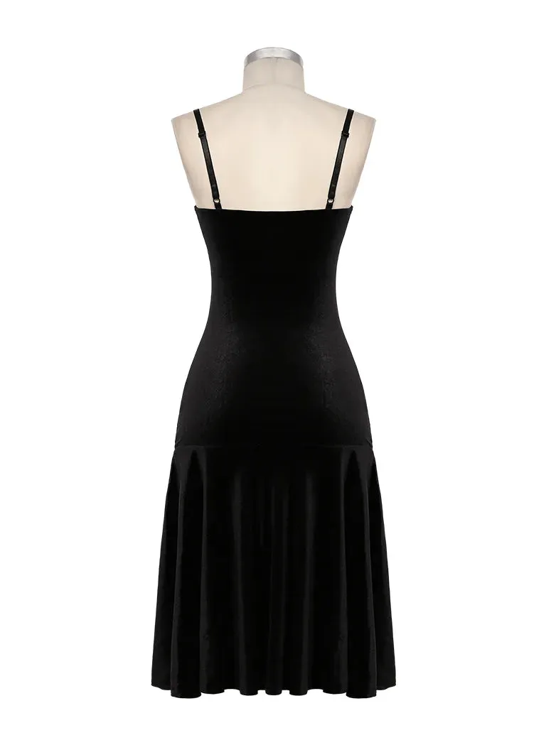 Women Victorian Gothic Style Black Lace Velvet Slip Dress