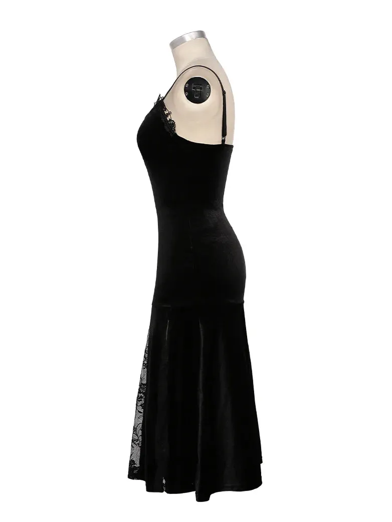 Women Victorian Gothic Style Black Lace Velvet Slip Dress