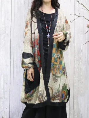 Women's Generous Stylish Loose Printed Big Pocket Cardigan