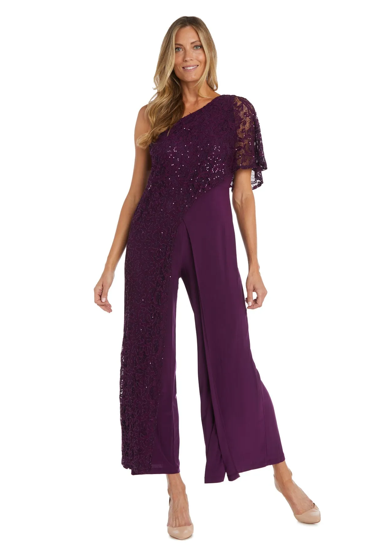 Women's Lace and Sequin Embellished Asymmetric Evening Jumpsuit