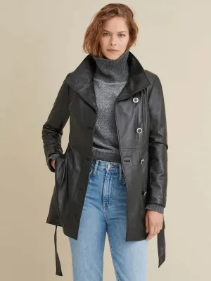 Women's Long Black Leather Coat