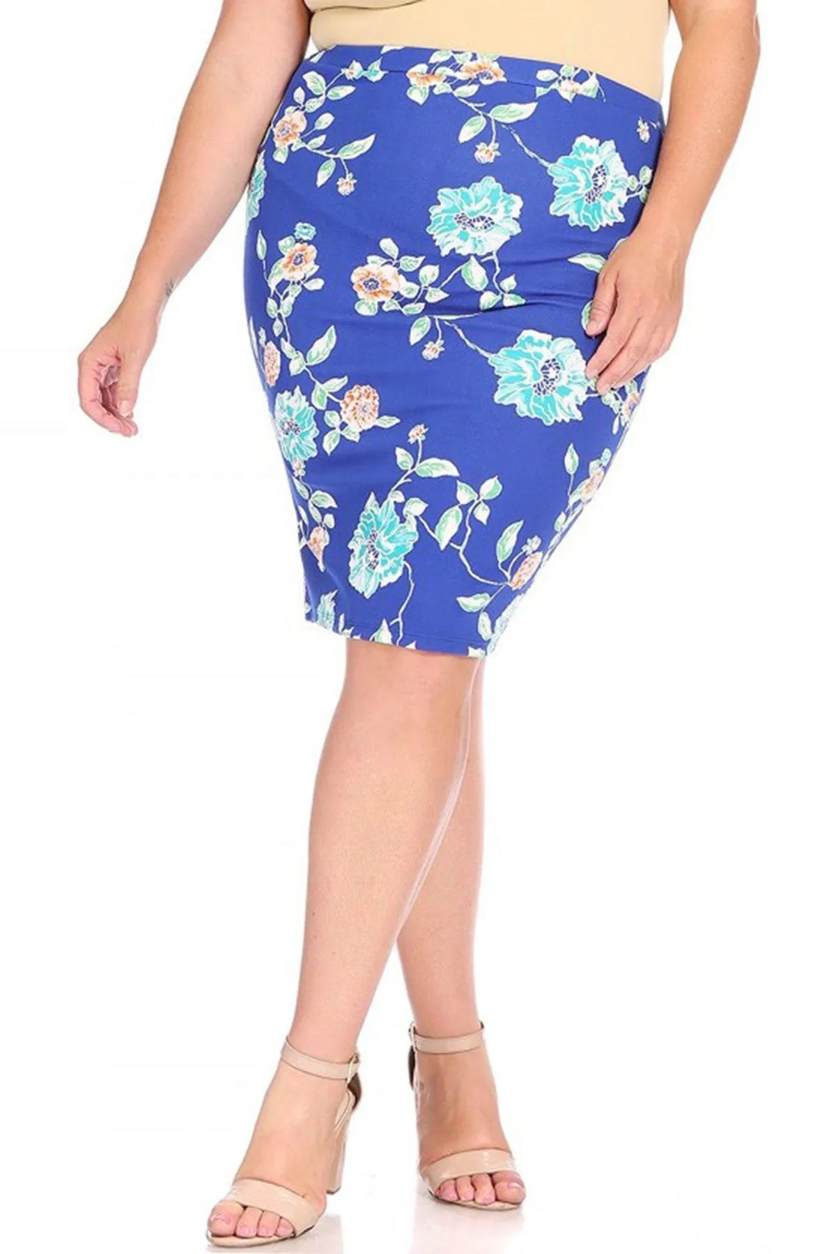 Women's Plus Size Floral Print Knee-Length Fitted Style Pencil Skirt