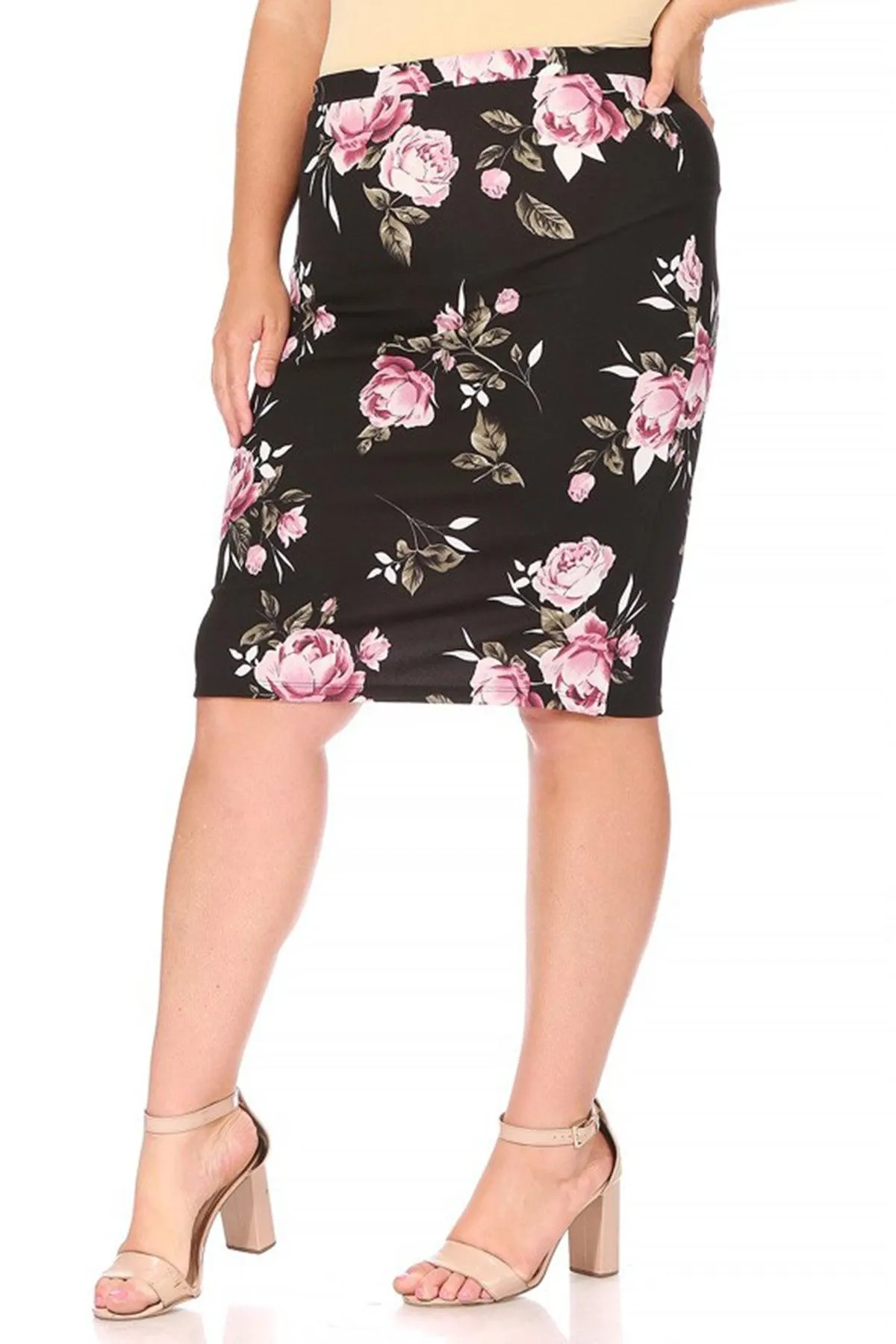 Women's Plus Size Floral Print Knee-Length Fitted Style Pencil Skirt