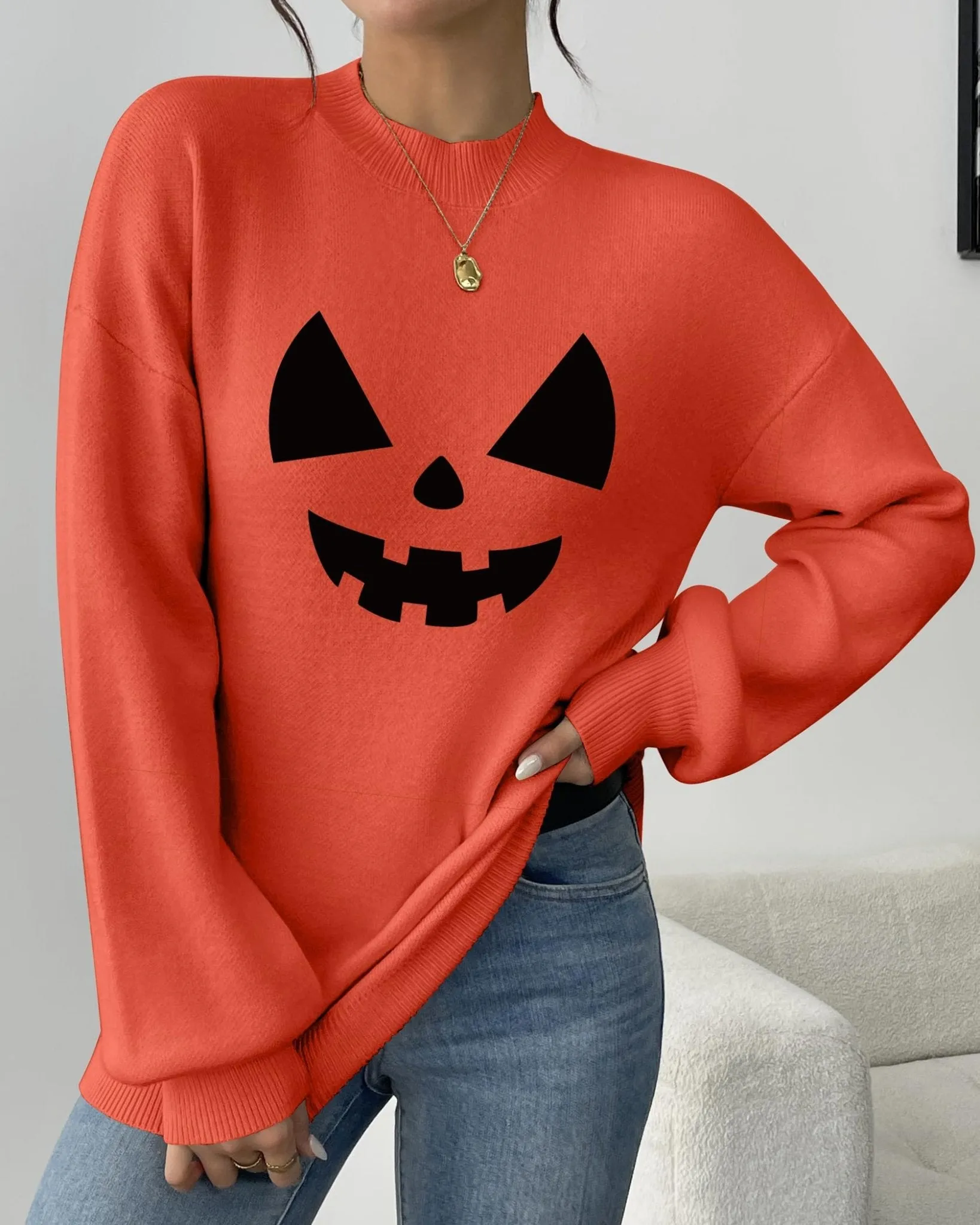 Zeagoo Sweaters for Women 2024 Fashion Trendy Long Sleeve Turtleneck Pullover Lantern Knit Sweater Tops Orange